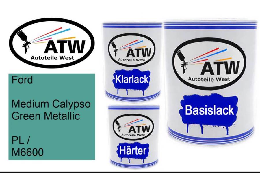 Ford, Medium Calypso Green Metallic, PL / M6600: 1L Lackdose + 1L Klarlack + 500ml Härter - Set, von ATW Autoteile West.